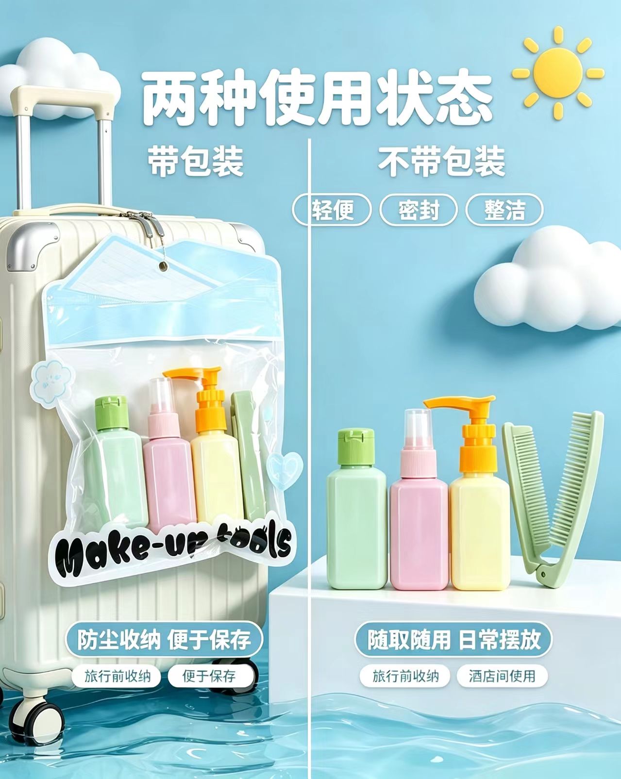 Macaron color travel portioned bottle set, empty bottle for personal care with folding comb, portable skin care product portioned combination, travel storage, beauty tools manufacturer's wholesale in stock detail image 1