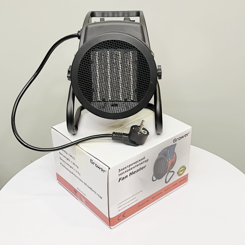 Cross-border foreign trade European standard 2KW220V ceramic PTC warm air blower, heater, hot air blower with dual knobs and temperature control, 1 piece 12PCS, color box packaging, English instruction manual Item Picture