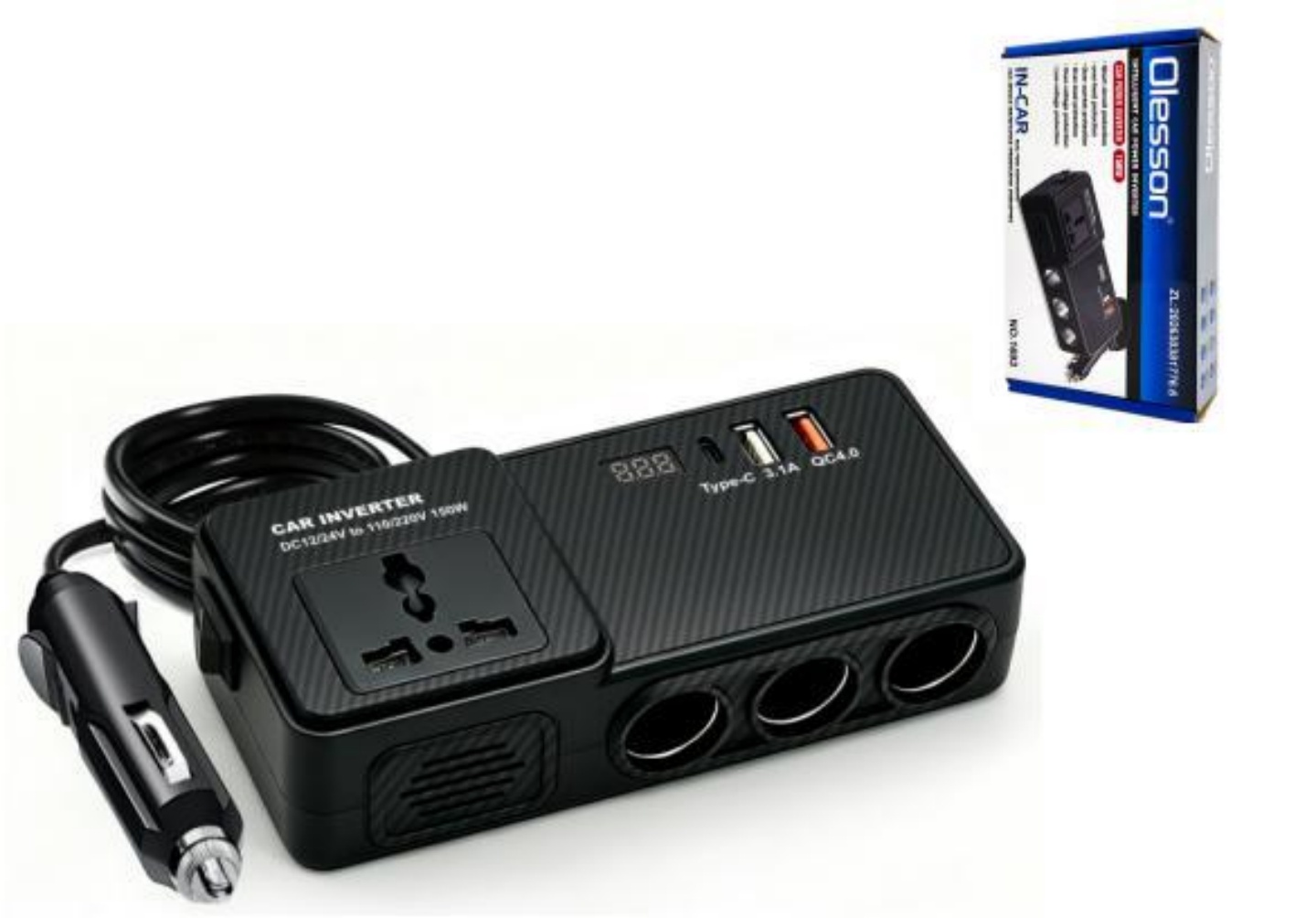 150W high-power car charger, multi-functional car inverter with voltage digital display, car inverter pic 2