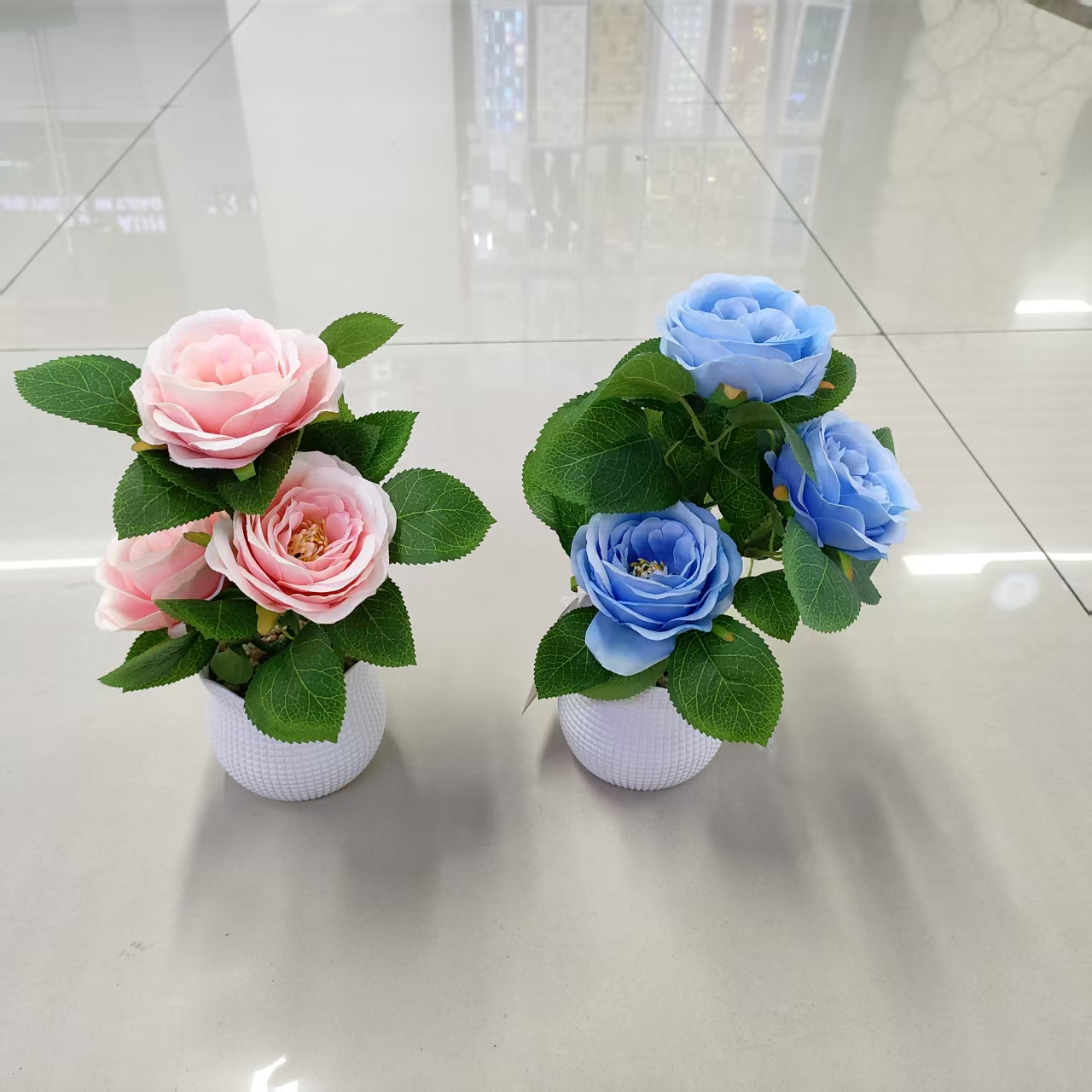 粉色蓝色玫瑰仿真花束百合洋牡丹陶瓷花艺装饰礼品赠送佳品