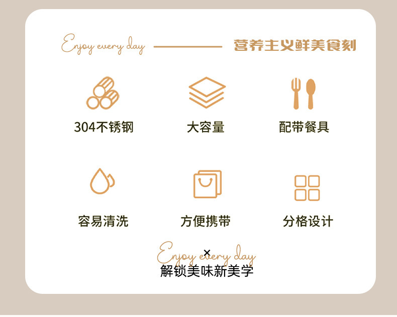 Y289-YC9125不锈钢饭盒上班族学生便携带饭盒密封卡扣分格不串味详情图2