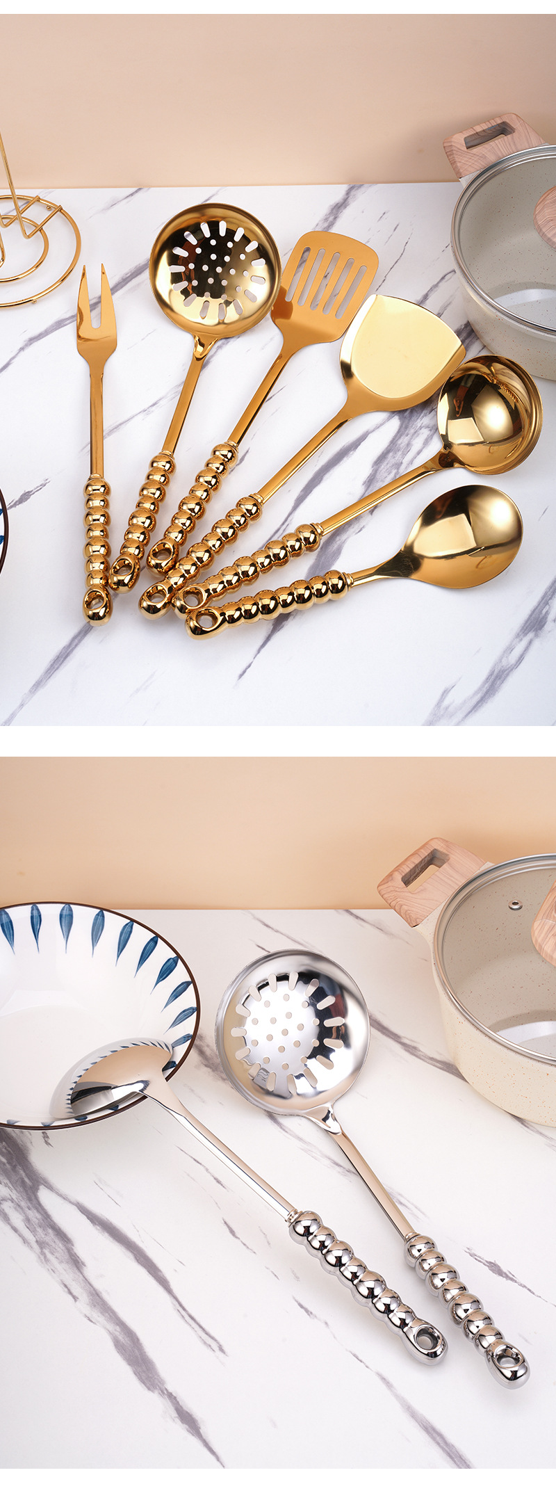 New ceramic bead handle stainless steel kitchenware set for home kitchen, creative hanging storage rack, seven-bead spatula, soup spoon and kitchenware pic 12