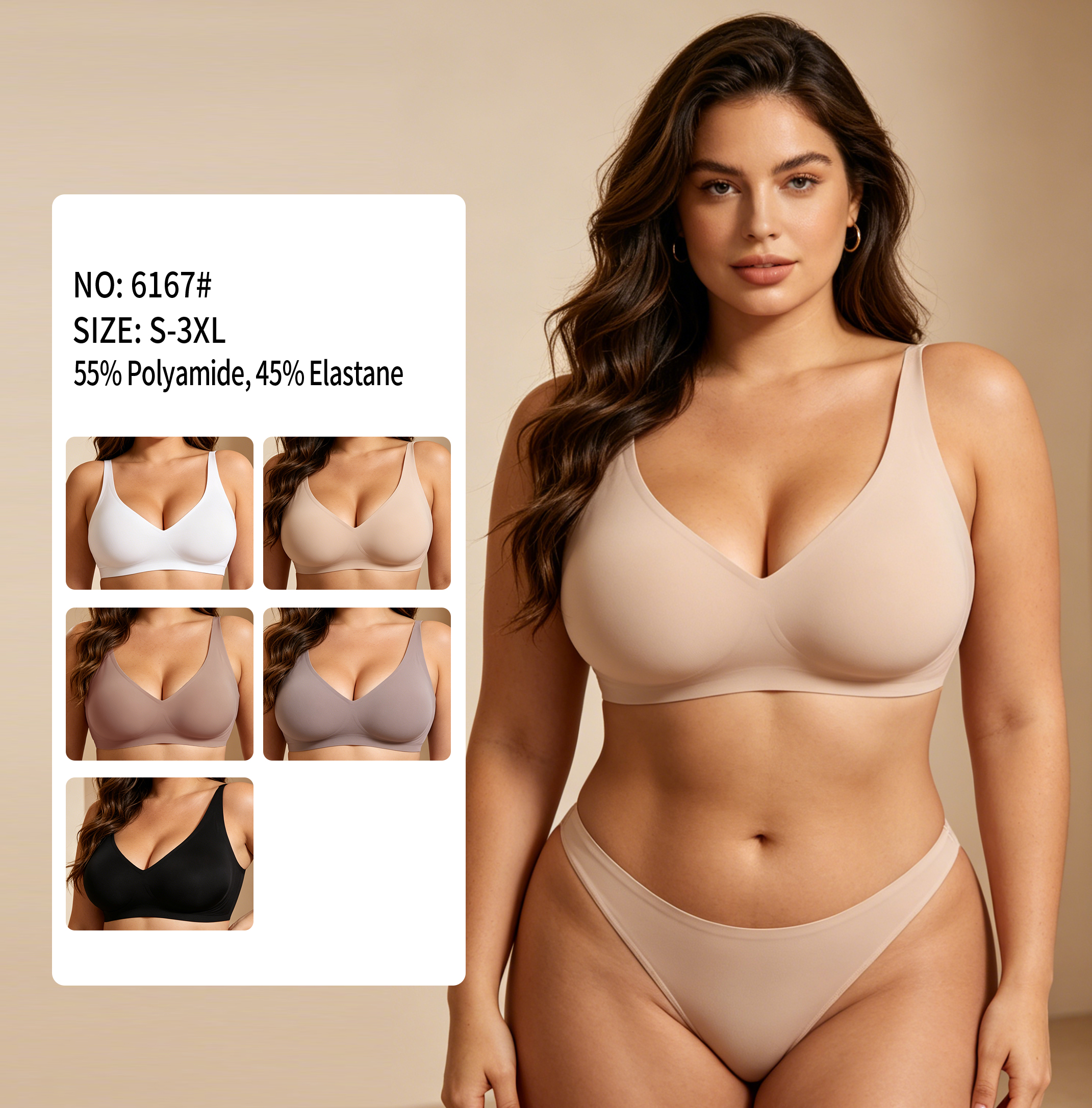 A female model showcases a soft, breathable and healthy bra in beige without underwire