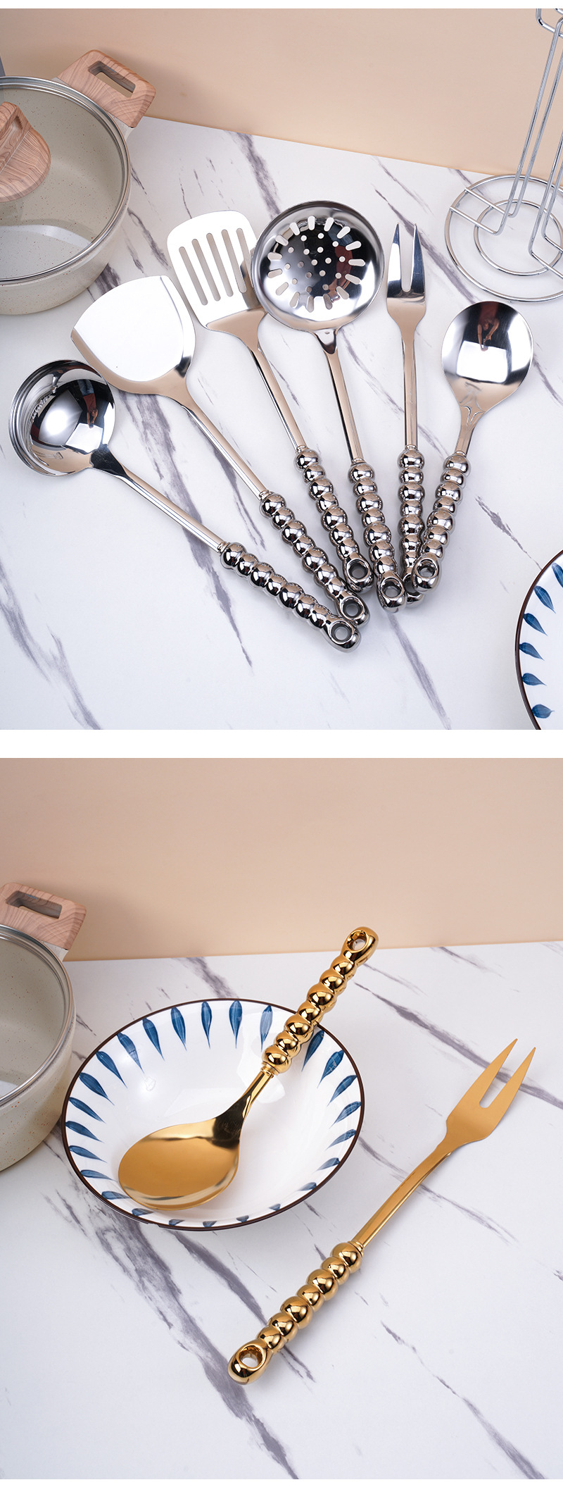 New ceramic bead handle stainless steel kitchenware set for home kitchen, creative hanging storage rack, seven-bead spatula, soup spoon and kitchenware pic 13
