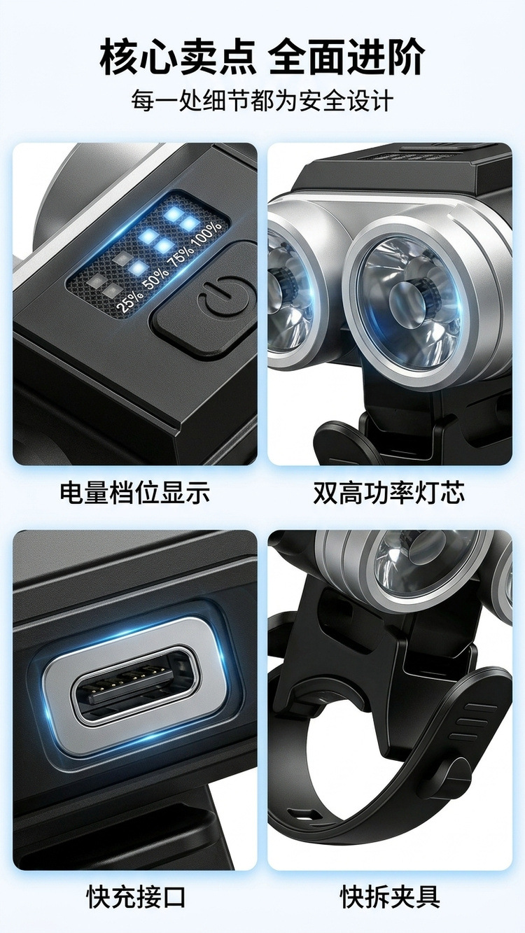 HW-2505 USB recargable display de potencia faros de bicicleta faros de bicicleta luz nocturna paseo linterna pic 3
