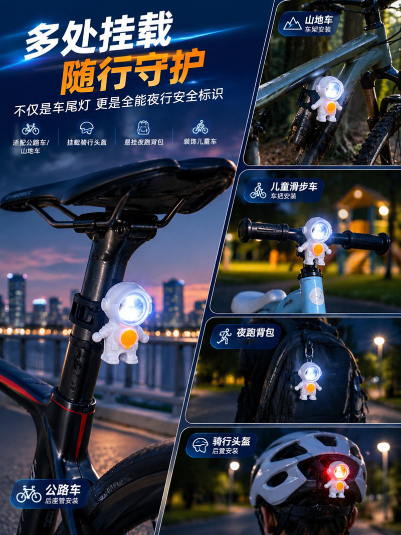 WL002 dazzle light USB recargable astronauta bicicleta de estilo dazzle luz trasera luz trasera de bicicleta colorida equipo de ciclismo luz de advertencia de montaña pic 6