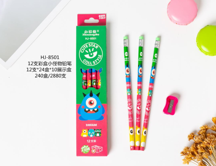 Yiwu Good Goods Little Pine Tree 12 Little Monster Paper Box Pencils for Students HB Wholesale Drawing and Writing HJ8501 detail image 2