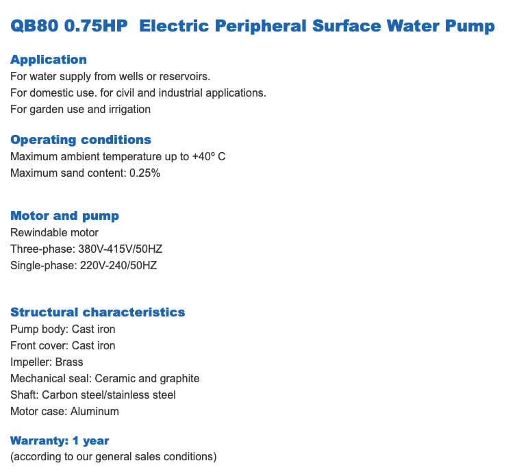 QB70 QB80 0.75HP 1HP Electric Peripheral Surface Water Pump详情1