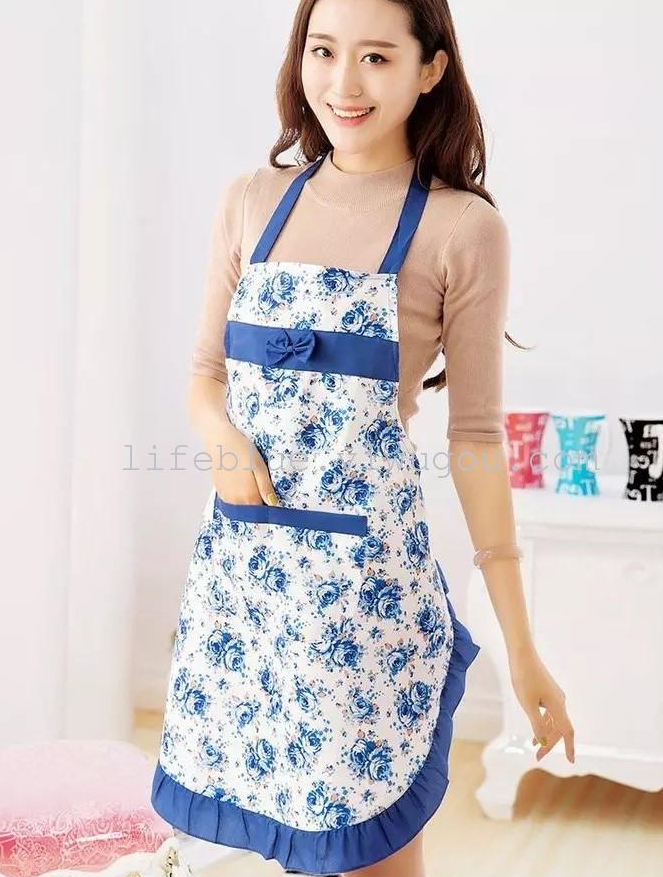 Yiwu Good Goods Life Blue Floral Bow apron Home Apron Catering Advertising apron pic 1