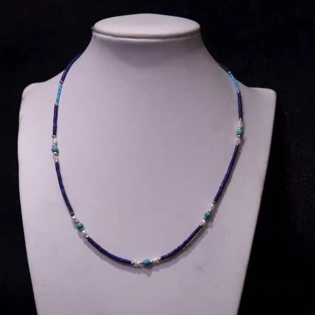 Afghan lapis lazuli 2mm barrel bead necklace, American pine 2mm necklace details Picture