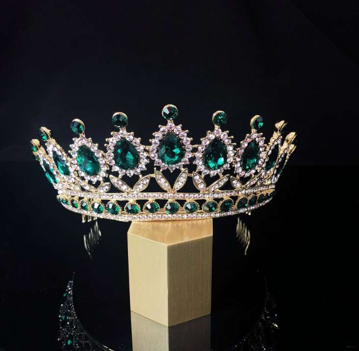 New European and American luxury emeralds high quality alloy rhinestone water gold banquet headdress crown wedding bride crown