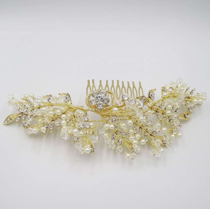 The new Korean exquisite set diamond golden branches and leaves bride's hair ornament hair comb hair dresser handcrafted thumbnail