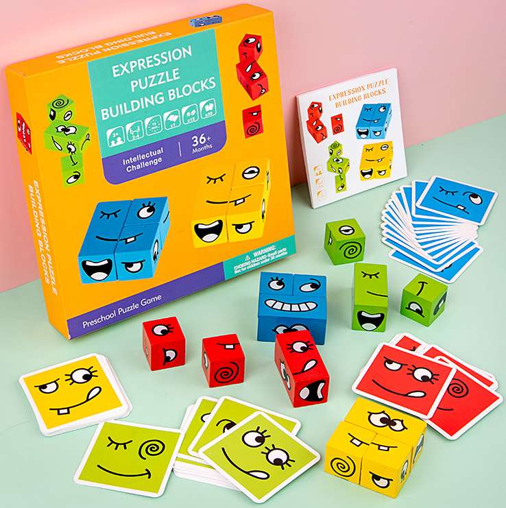 Puzzle fun Rubik's Cube Face changing blocks Fun Rubik's Cube face changing blocks with 12 blocks red yellow blue green four colors building blocks 50 challenge cards challenge a variety of gameplay fun board game wooden toys details Picture