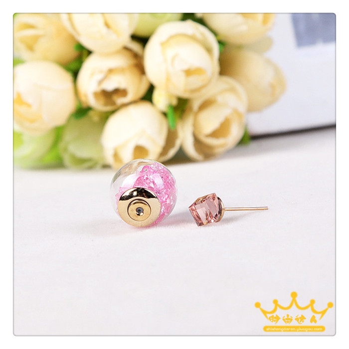 韩版爆款水立方水晶+彩色玻璃球前后戴耳钉耳环详情图6