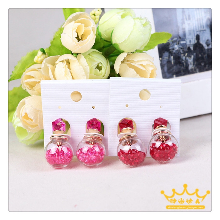 韩版爆款水立方水晶+彩色玻璃球前后戴耳钉耳环图