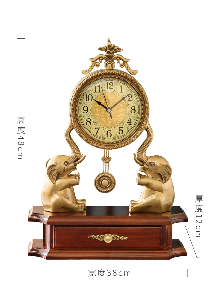 New Chinese-style wall clock, brass elephant living room decoration, ancient-style wall clock for the entrance hall, silent decorative swing clock details Picture