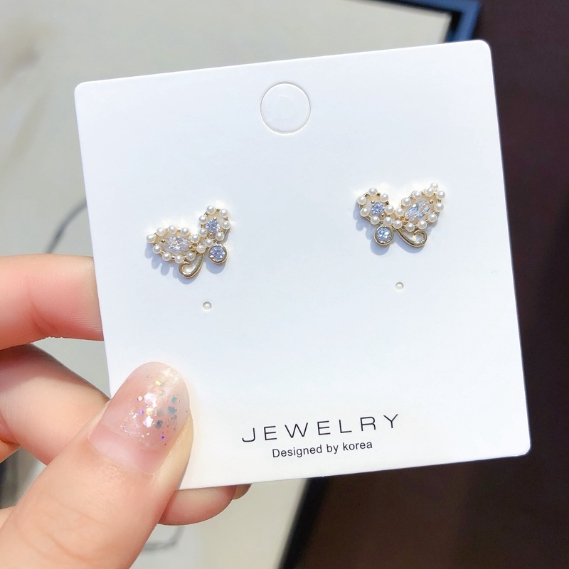 S925银针韩国东大门同款金电镀镶钻珍珠耳钉蝴蝶耳环