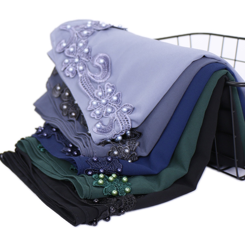 穆斯林包头巾回族珍珠雪纺对花订珍珠大方巾 长巾详情图8