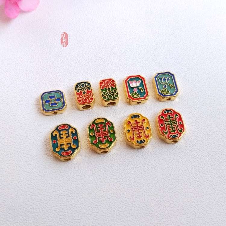 古法老金烧蓝荷塘月色通孔背云路路通四叶草菊花diy手链隔珠配件