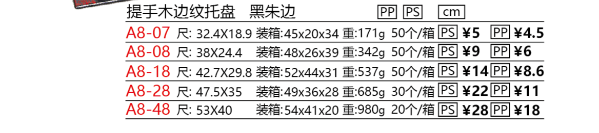 提手木边纹托盘 黑朱边 A8-07产品图