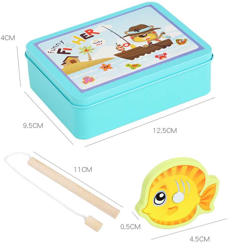 Iron box magnetic fishing wooden toys children's educational wooden toys Parent-child interactive children play house toys 15 fish Specification drawing