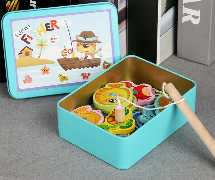 Iron box magnetic fishing wooden toys children's educational wooden toys Parent-child interactive children play house toys 15 fish details Picture
