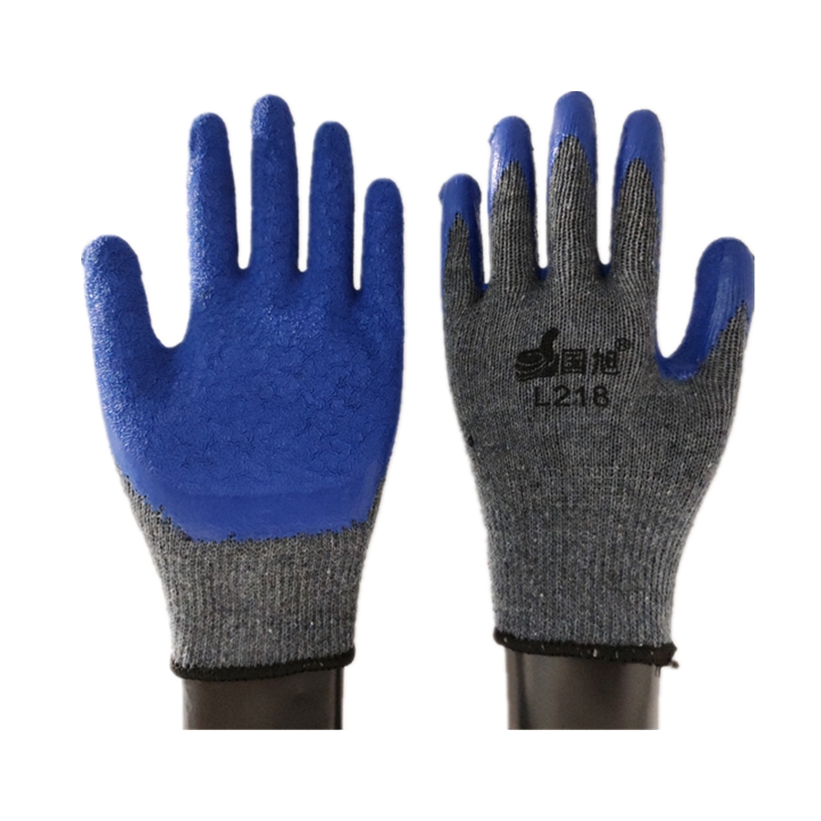 Guoxu L218 yarn crepe impregnated labor protection gloves, anti-slip, wear-resistant and durable, factory direct sales, grey yarn blue 12 pairs, one pack