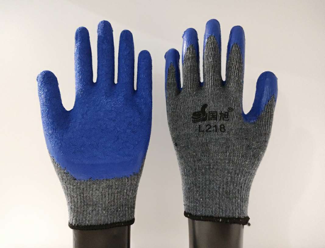 Guoxu L218 yarn crepe impregnated labor protection gloves, anti-slip, wear-resistant and durable, factory direct sales, grey yarn blue 12 pairs, one pack details Picture