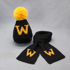 婴幼儿宝宝毛线围巾帽子套装秋冬季护耳毛线帽，W字款式