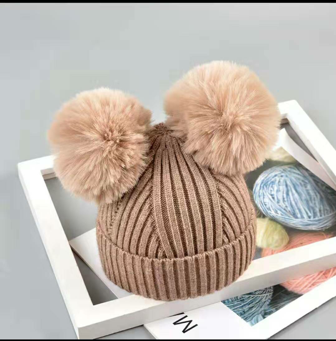 Baby wool hat autumn winter ear protection wool hat double ball thumbnail