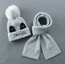 婴幼儿宝宝毛线围巾帽子套装秋冬季护耳毛线帽，MEOW英文猫咪款