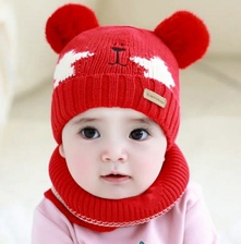 婴幼儿宝宝毛线围巾帽子套装秋冬季护耳毛线帽，小熊款