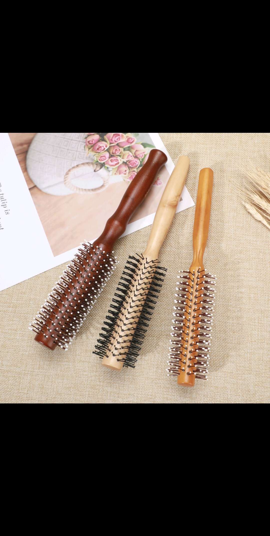 木质头梳卷发梳子滚梳吹直发梨花头专业造型梳圆筒梳子厂家批发产品图