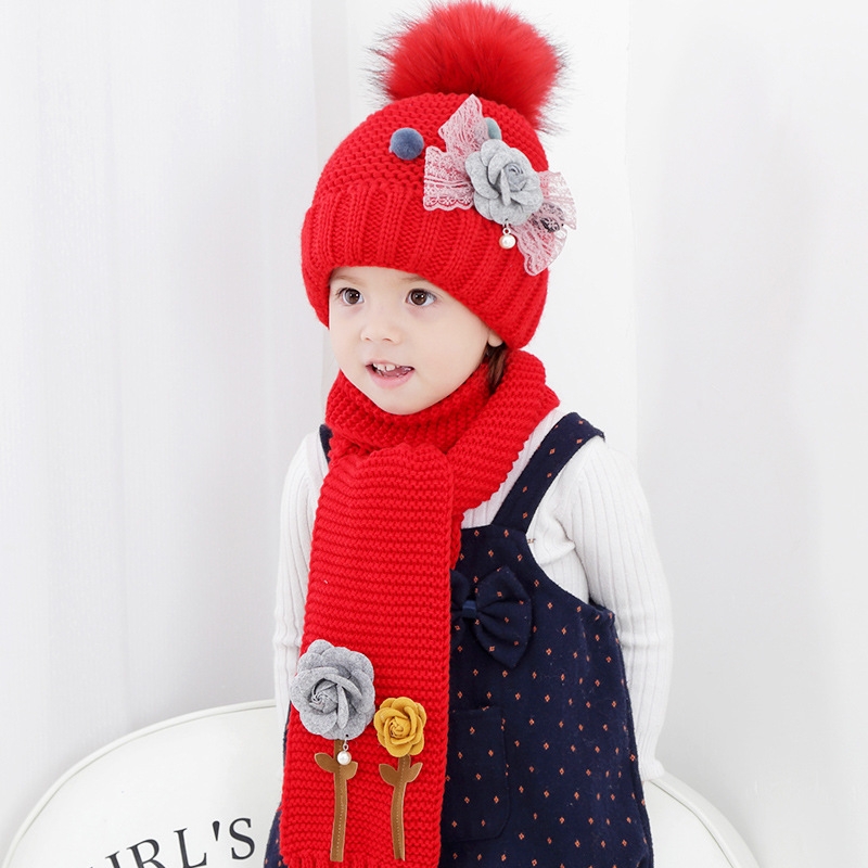 Sweet and lovely winter little girl with thick velvet hat and scarf set baby Warm wool ball flower hat thumbnail