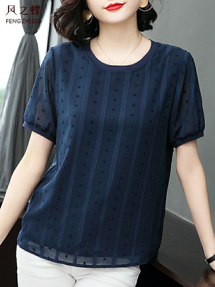 2020夏装新款洋气短袖雪纺衫女上衣t恤中年妈妈宽松显瘦打底衫秋