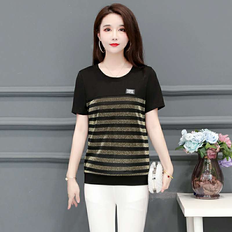 中年妈妈条纹短袖t恤女2020夏装新款大码女装洋气遮肚子打底衫女