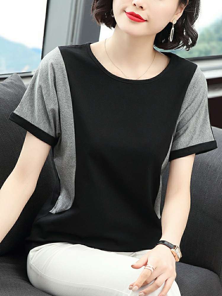 女式体桖短袖夏装新款黑色上衣女夏中年宽松妈妈纯棉全棉t恤汗衫