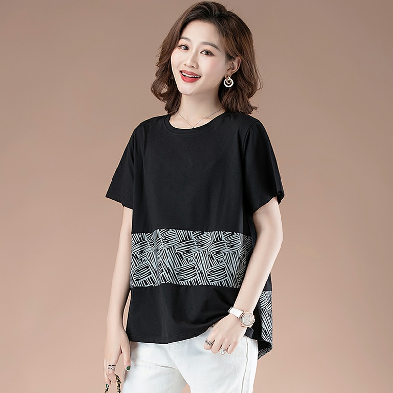 妈妈纯棉短袖t恤女夏季洋气小衫40岁宽松大码胖mm中长款遮肚上衣