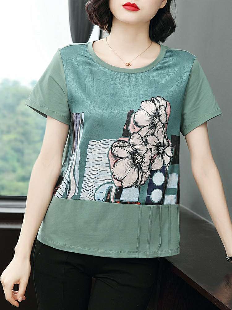 Middle-aged Short-sleeved T-shirt For women 100% cotton summer dress 2020 New plum-size loose-fitting printed blouse for mothers to wear in foreign style thumbnail