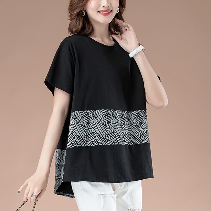 洋气中年夏装大码遮肚子女t桖短袖纯棉宽松妈妈全棉t恤胖mm上衣夏