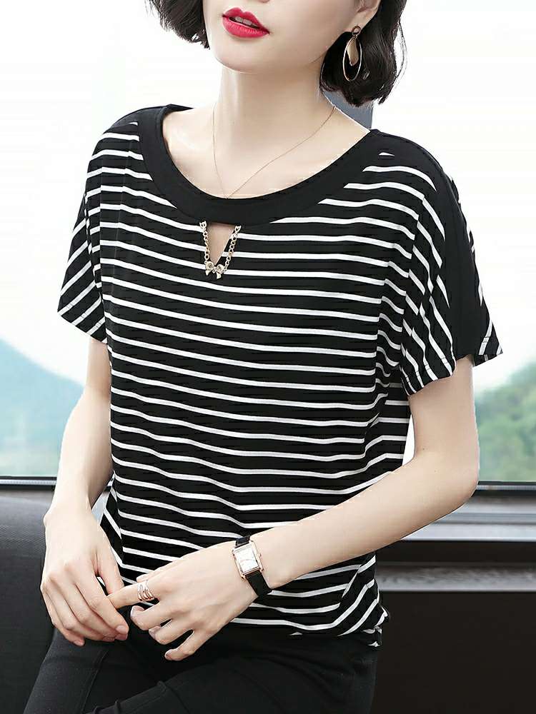 Short sleeve T-shirt 2020 Summer Plus-size women's summer wear pure cotton 40-year-old mother wear striped Korean middle-aged top thumbnail