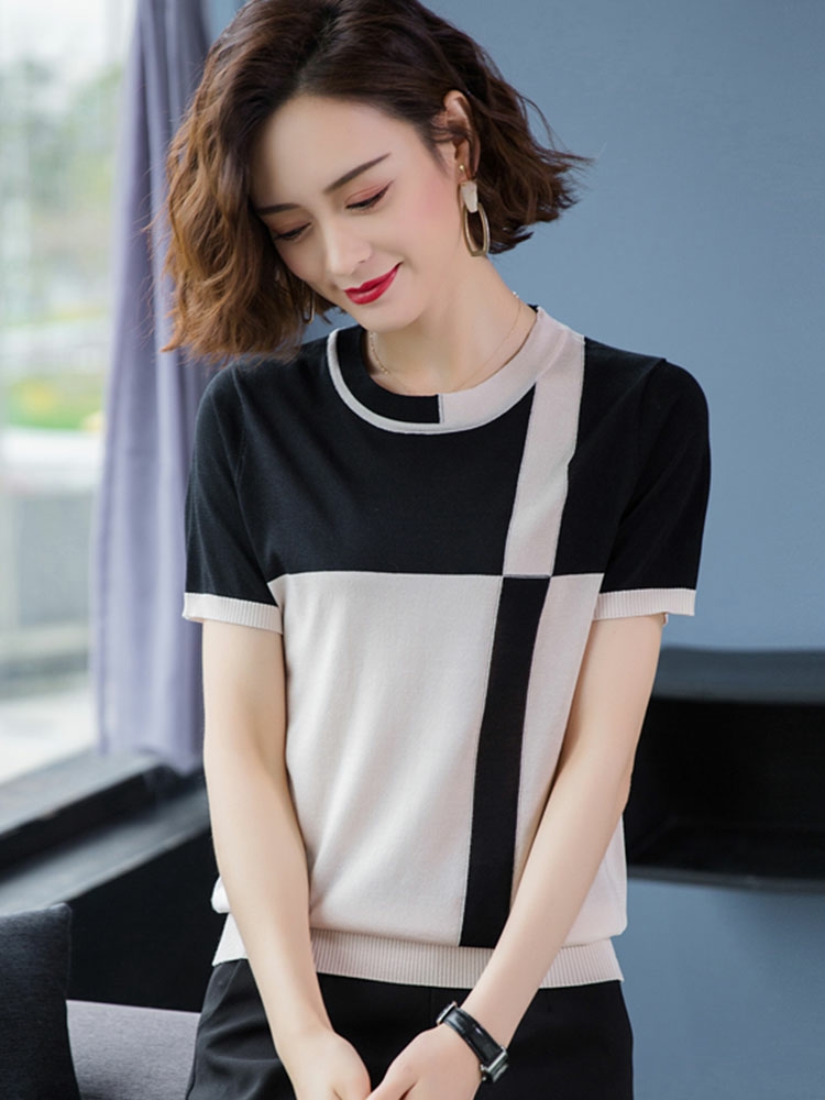 T-shirt for middle-aged ladies summer dress for 2020 new women's T-shirt with crisp T-shirt and short ice knit sweater thumbnail