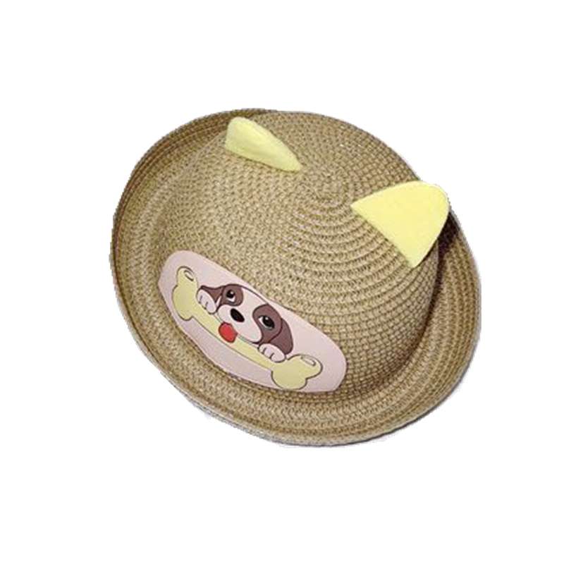儿童卷边卡通草帽 纸草帽子 糖果色