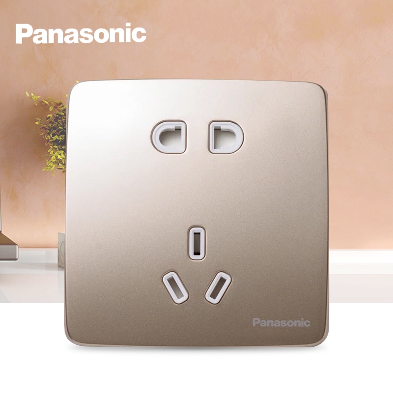 Panasonic Quyue Champagne gold switch socket 5-hole wall socket 2, 3 plug 5-hole socket panel details Picture