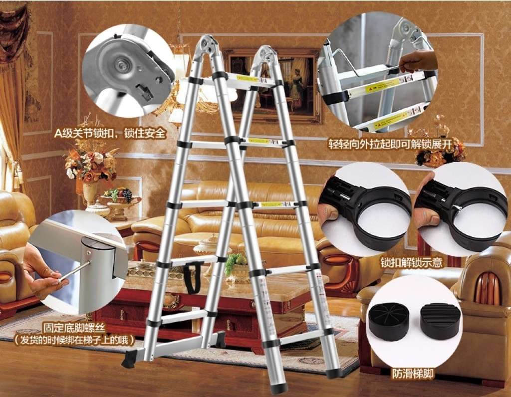 铝合金伸缩梯子 多功能关节家用人字梯便携铝梯 轻便楼梯竹节梯阁楼梯细节图