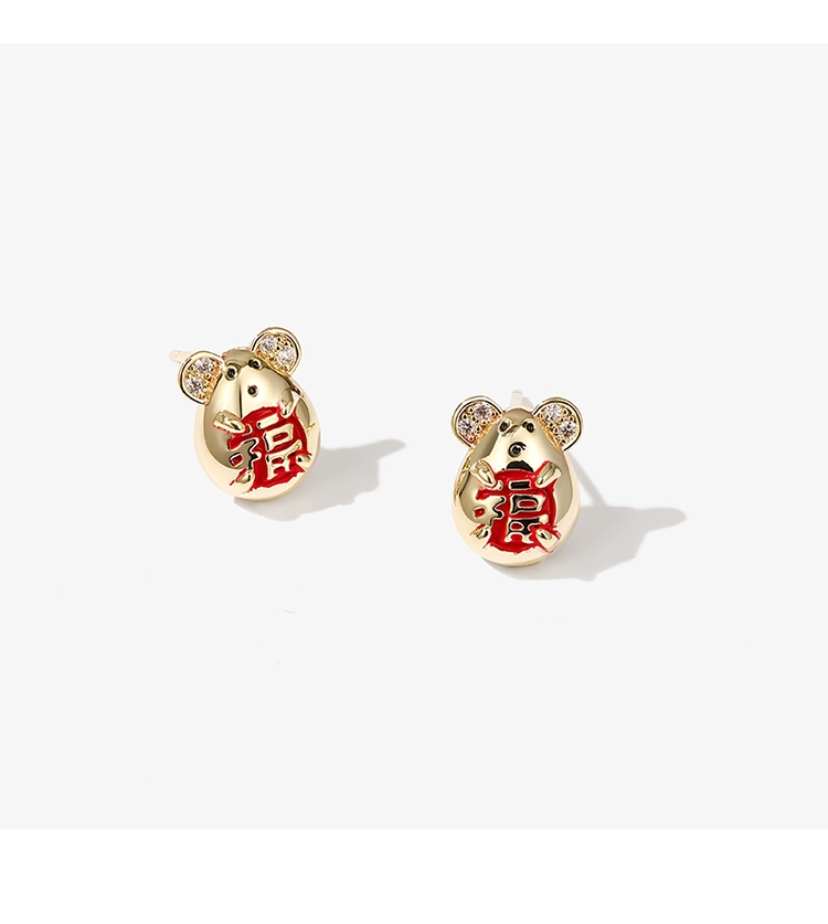 鸣仁饰品 本命年福气鼠年耳钉简约女小巧新年耳环2020新款潮耳饰品