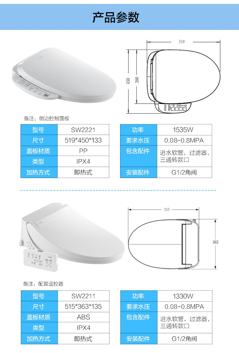 MOEN摩恩 即热式智能马桶盖板电子坐便盖自动冲洗洁身器SW2221产品图