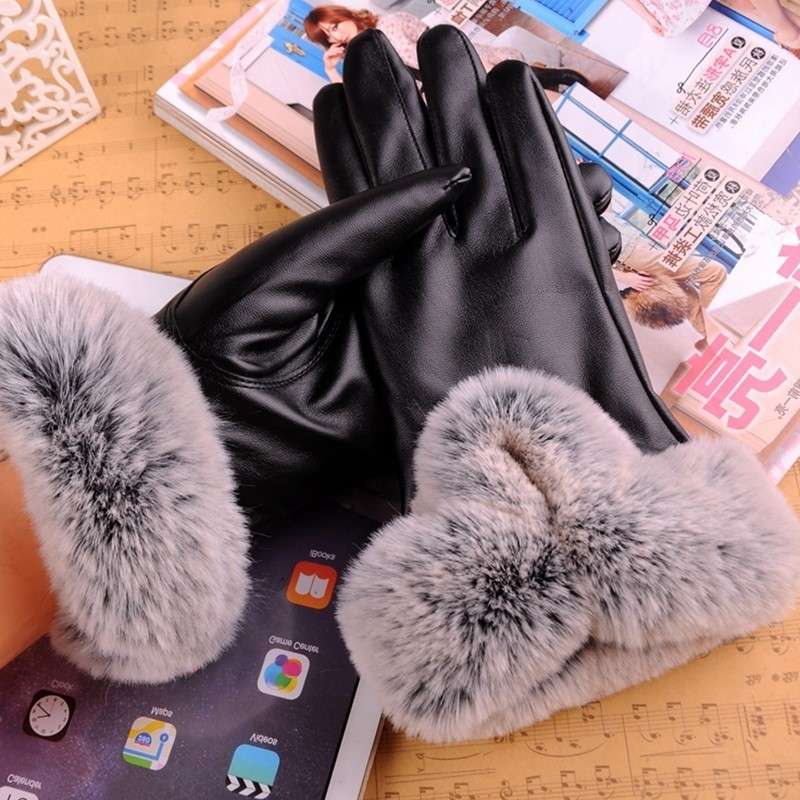 Winter gloves with velvet leather, cycling kitchen gloves for men, Korean version for women, cycling cotton, cute, winter finger connection Specification image