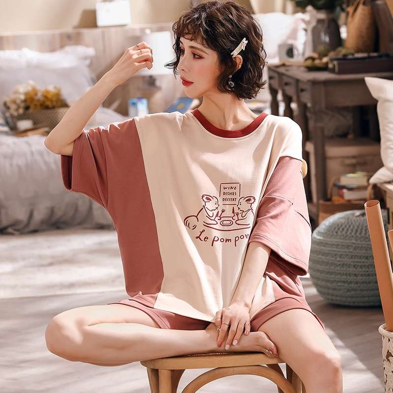 Ladies in summer, short-sleeved cotton, cute home wear, shorts, two-piece set, thin style, spring and autumn, large size for going out Specification image