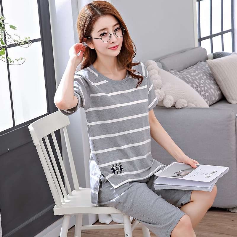 Pajama girls summer short-sleeved capri pants, pure cotton girls' casual loose set, cartoon cute, can be worn outside as home wear